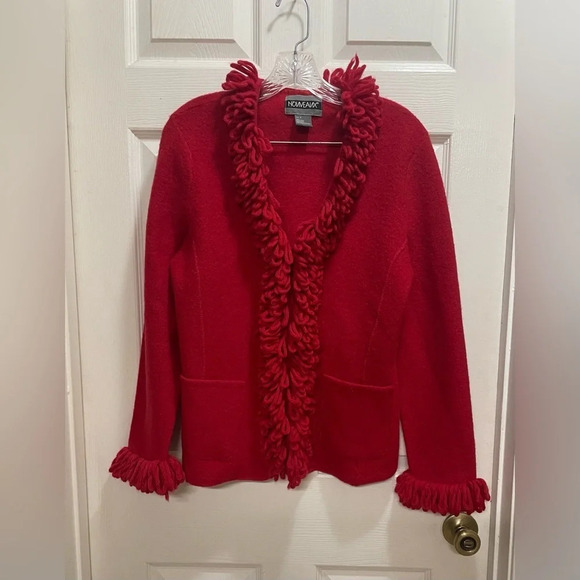 Nouveaux Sweater Red Solid Wool Open Cardigan Yarn Loops Trim Vintage Small - Picture 1 of 9